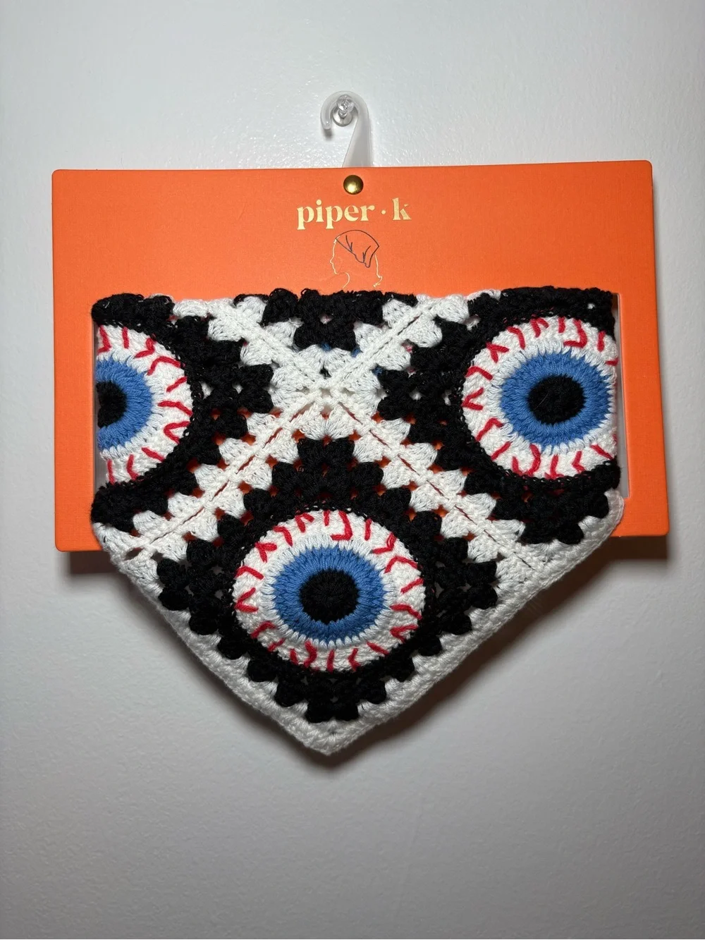 Piper-k Crocheted Eye Motif Bandana Scarf in White, Black & Blue